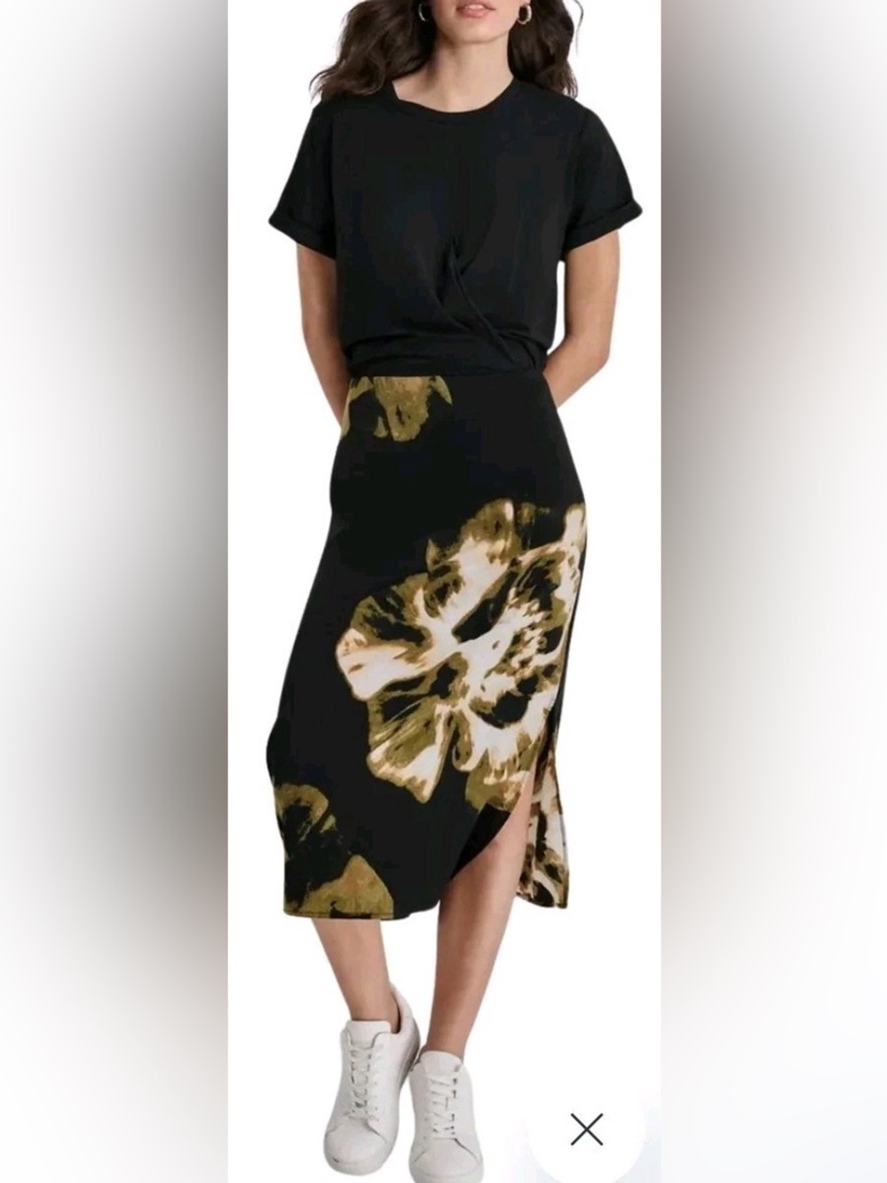 DKNY Mixed Media Floral Bias-Cut Midi Dress - Black Size XS